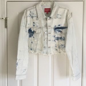 NWOT GUESS tie dye bleached crop distressed jean jacket L